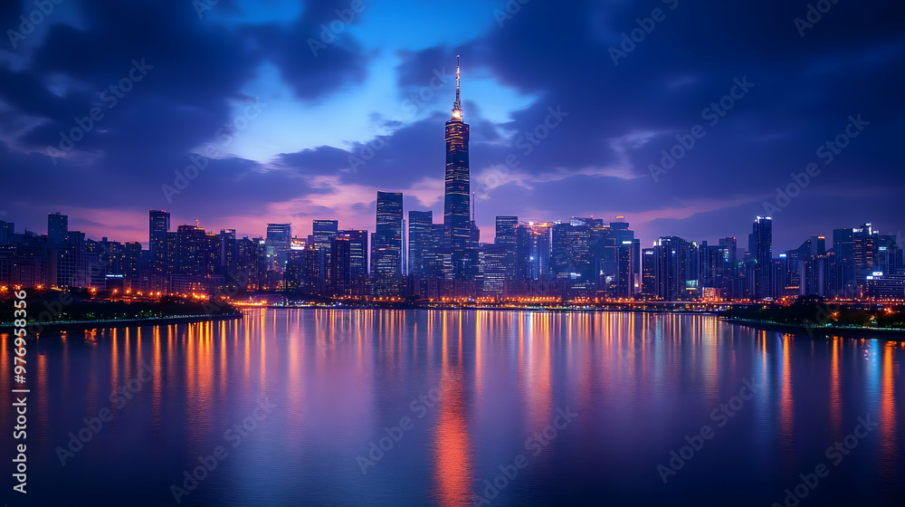 Fototapeta premium A panoramic view of a modern city skyline at dusk, with skyscrapers illuminated by the setting sun, reflected in the calm waters of a river.
