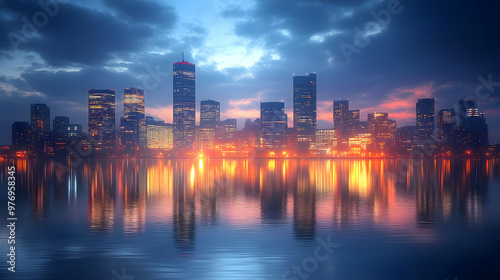 A panoramic view of a modern city skyline at dusk, with skyscrapers illuminated by street lights and reflected in the calm water of a lake or river.