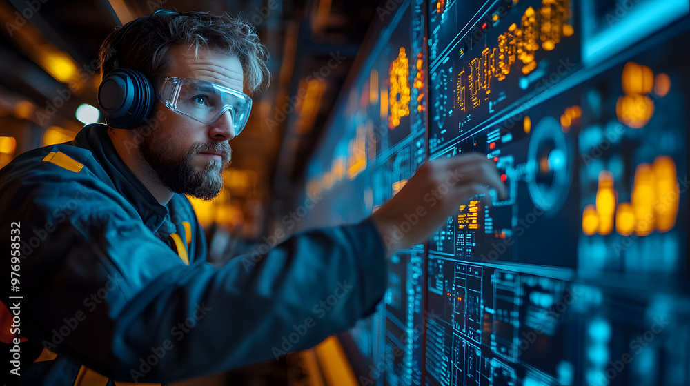 An engineer monitors equipment with digital control panels in a high-tech environment, ensuring optimal operations and safety. An engineer monitors equipment with digital control panels in a high-tech environment, ensuring optimal operations and safety.