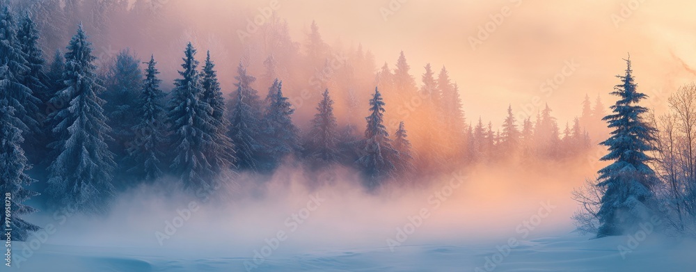 Winter Landscape with Snow-Covered Fir Forest Shrouded in Fog and Bathed in Sunrise Glow, Christmas or New Year Banner Winter Landscape with Snow-Covered Fir Forest Shrouded in Fog and Bathed in Sunrise Glow, Christmas or New Year Banner