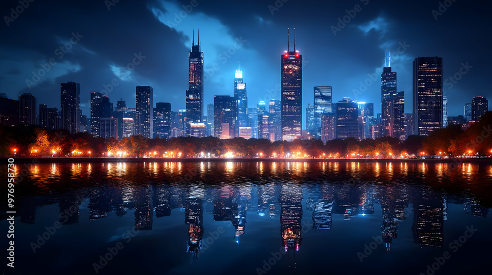 Fototapeta premium A panoramic view of a modern city skyline at night, with skyscrapers and lights reflecting in a calm body of water.