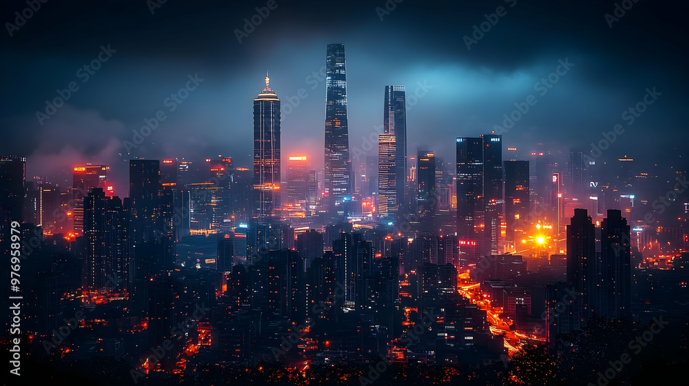 Fototapeta premium A panoramic view of a modern city skyline at night, with tall skyscrapers illuminated by bright lights. The city is shrouded in a thick layer of fog, creating a mysterious and ethereal atmosphere.