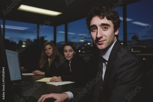 The businessman is using a computer at the office, while his co-workers are working in the background