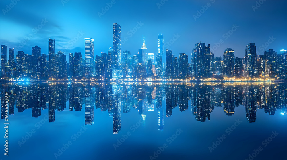 Fototapeta premium A panoramic view of a modern city skyline at night, with the city's lights reflected in the water.