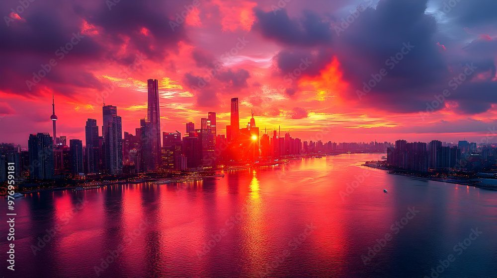 A panoramic view of a modern city skyline at sunrise with a fiery red sky and a river reflecting the colors. A panoramic view of a modern city skyline at sunrise with a fiery red sky and a river reflecting the colors.