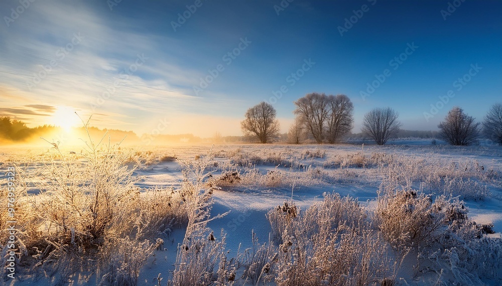 Frosty morning in snowy field Frosty morning in snowy field