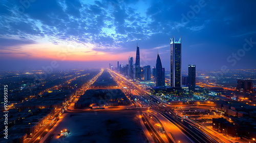 A panoramic view of a modern city skyline at sunrise, with tall skyscrapers and a highway leading towards the horizon.