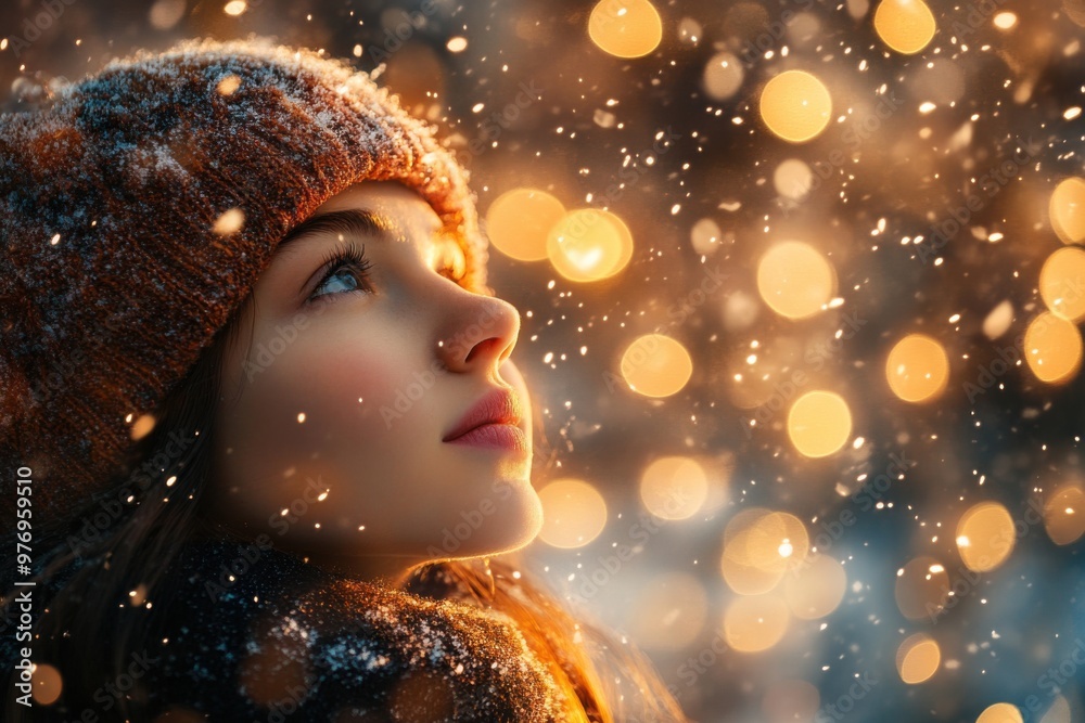 Person in winter attire with snow-covered surroundings and bokeh