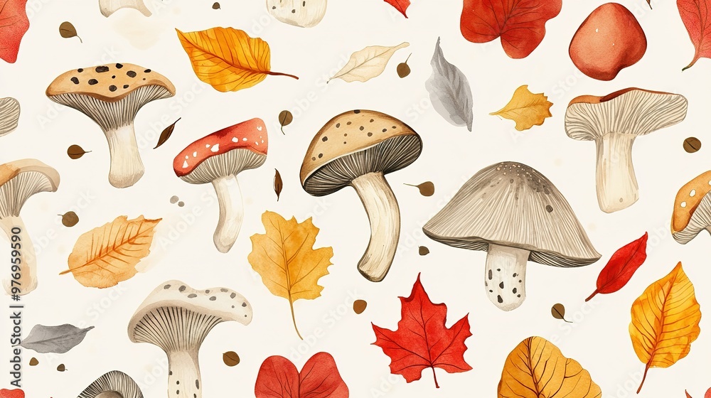 A seamless pattern featuring autumn-style colors with vibrant mushrooms and leaves in a beautiful watercolor style. This design captures the essence of fall, showcasing warm hues and organic shapes, 