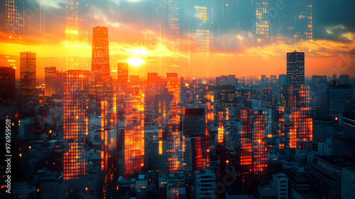 A panoramic view of a modern city skyline at sunset with a digital overlay.