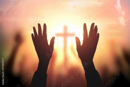 Worship Concept, Human Hands Raised Over Blurred Cross Background, Symbolizing Faith and Devotion