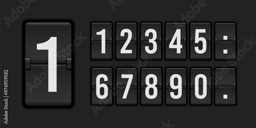 Countdown scoreboard numbers. Score vector realistic timetable. Mechanical retro airport flipboard.