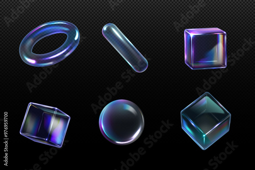A set of 3D glass figures with holographic effects.
