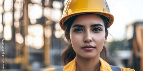 construction worker woman wearing PPEs, machinery in the background., excavator, construction site. hard hat, safety glasses, safety boots. Personal protection equipment