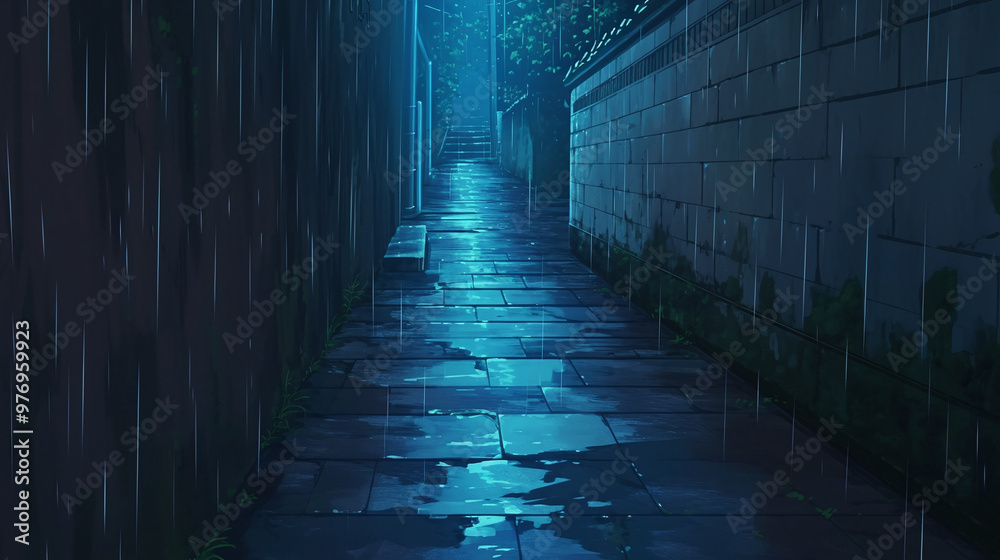 Rainy Night in a Narrow Alleyway - Cartoon and Anime Style