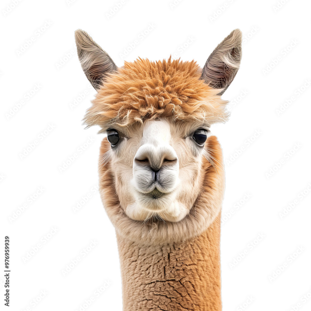 Obraz premium Brown alpaca looking forward on a white background