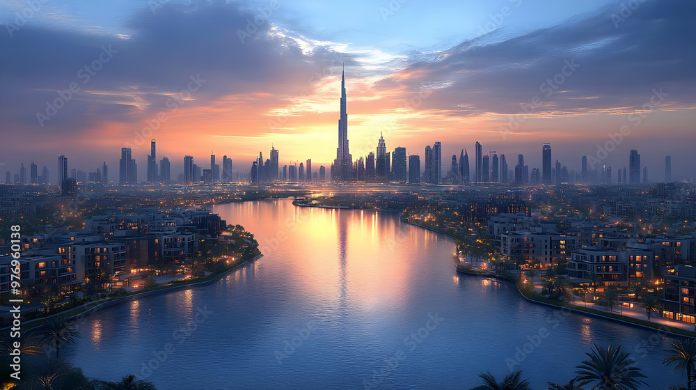 A panoramic view of a modern city skyline with a river flowing through it at sunset. A panoramic view of a modern city skyline with a river flowing through it at sunset.