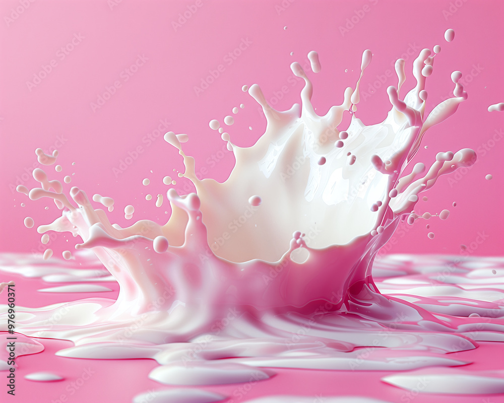 A splash of white milk against a pink background, captured in motion with droplets suspended mid-air. A splash of white milk against a pink background, captured in motion with droplets suspended mid-air.