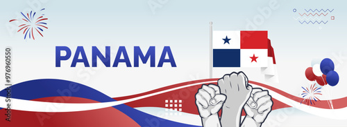 Panama National Day background with abstract shapes in flag colors, red, blue and white. Modern creative style. Templates for independence day greeting card, horizontal poster, and header for website