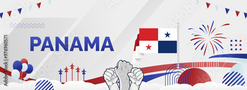 Panama National Day background with abstract shapes in flag colors, red, blue and white. Modern creative style. Templates for independence day greeting card, horizontal poster, and header for website