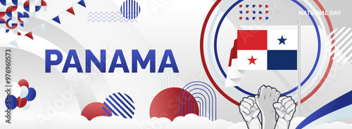 Panama National Day background with abstract shapes in flag colors, red, blue and white. Modern creative style. Templates for independence day greeting card, horizontal poster, and header for website