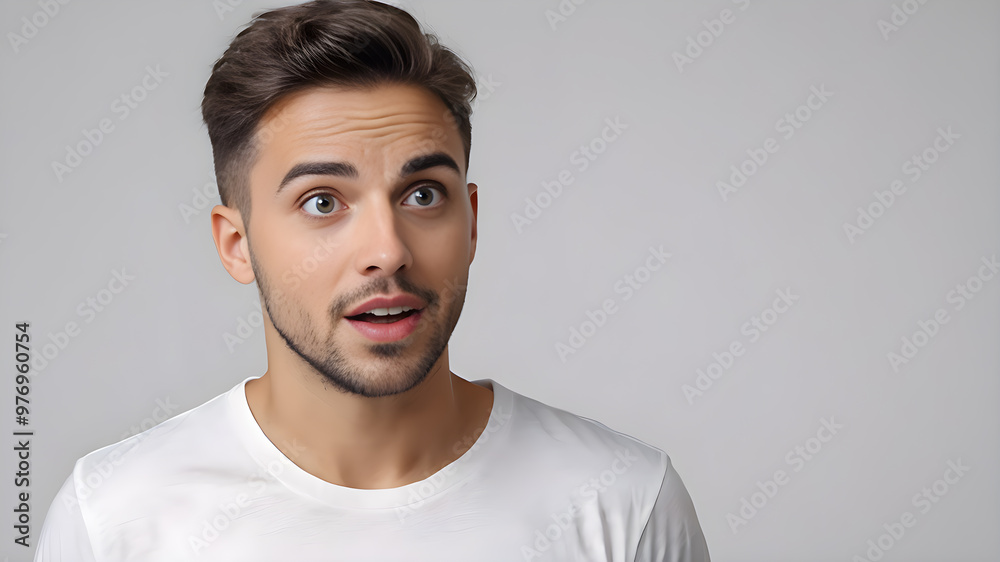 Obraz premium Shocked young man looking at camera, panorama with copy space