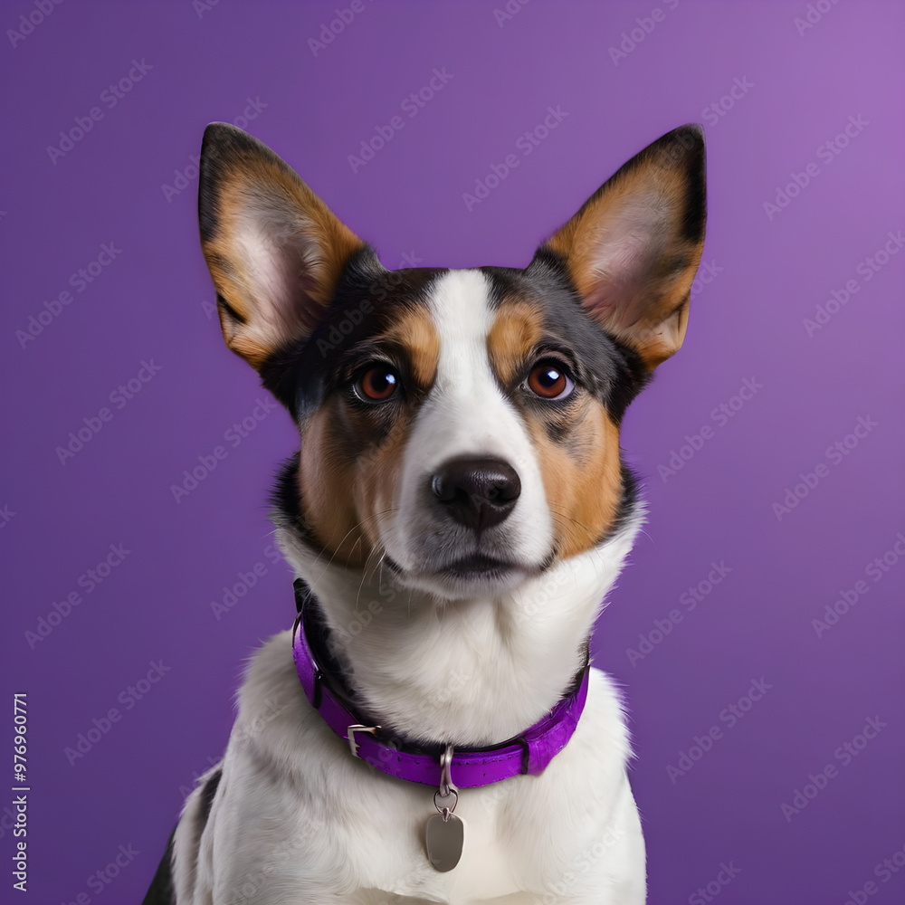 Portrait of a cute mixed breed dog on a purple background. Portrait of a cute mixed breed dog on a purple background.
