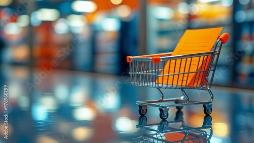 Shopping list in Mini Cart, A small shopping cart sits on a reflective surface, holding a bright orange paper. The blurred background suggests a retail environment. Ideal for ecommerce, shopping.