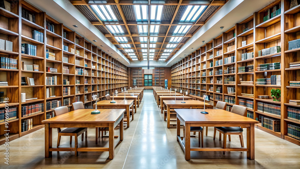 Quiet library with rows of books, study tables, and reading nooks, library, books, quiet, study, reading, knowledge Quiet library with rows of books, study tables, and reading nooks, library, books, quiet, study, reading, knowledge