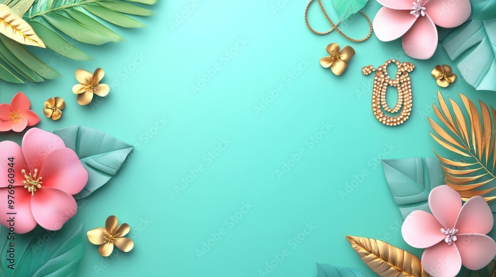 Obraz premium 3D illustration of a vibrant Kerala festival background with golden jewelry, leaves, and flowers in a border frame design with copy space in the center.