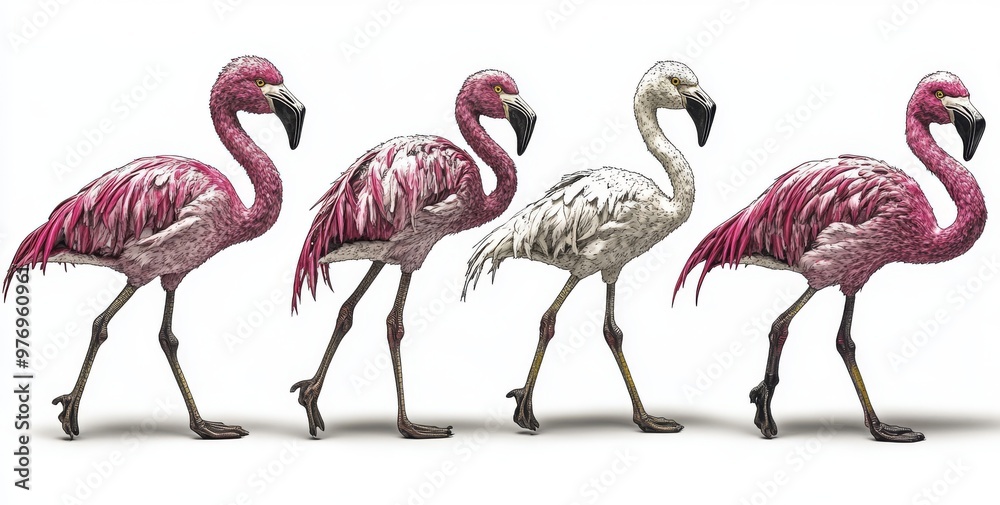 An isolated white background shows a set of watercolor exotic flamingos