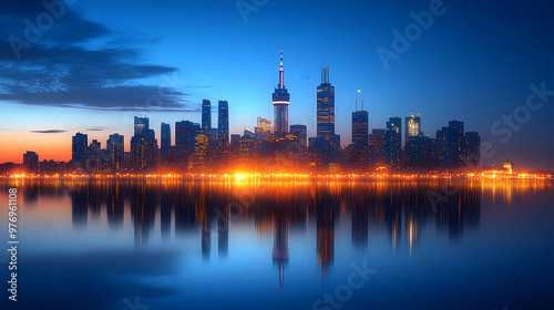 A panoramic view of a modern cityscape at dawn, with skyscrapers reflected in the water.