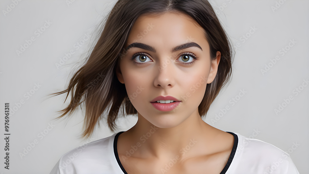 Portrait of a beautiful young woman with long brown hair and green eyes Portrait of a beautiful young woman with long brown hair and green eyes