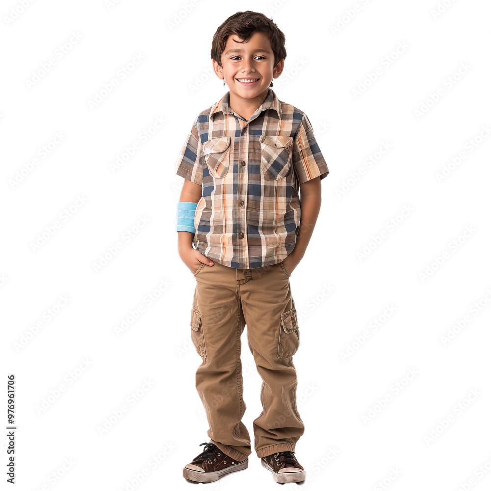 Young boy is standing with his hands in his pockets, smiling Young boy is standing with his hands in his pockets, smiling