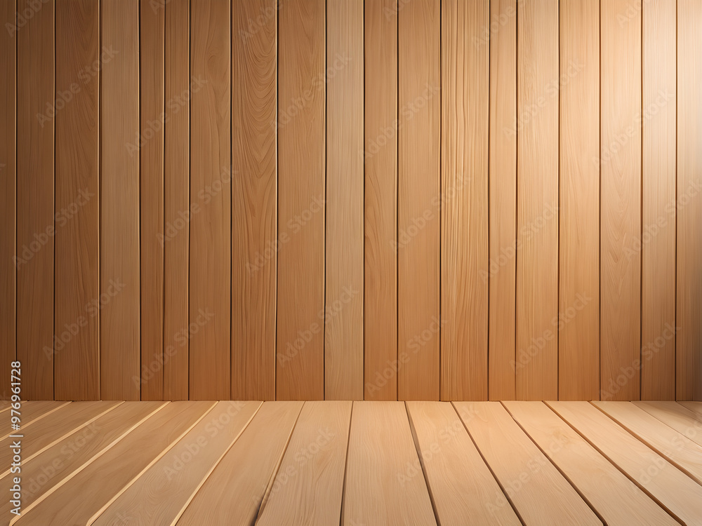 Wooden table top on wooden wall background. Perspective brown wood table top with copy space.
