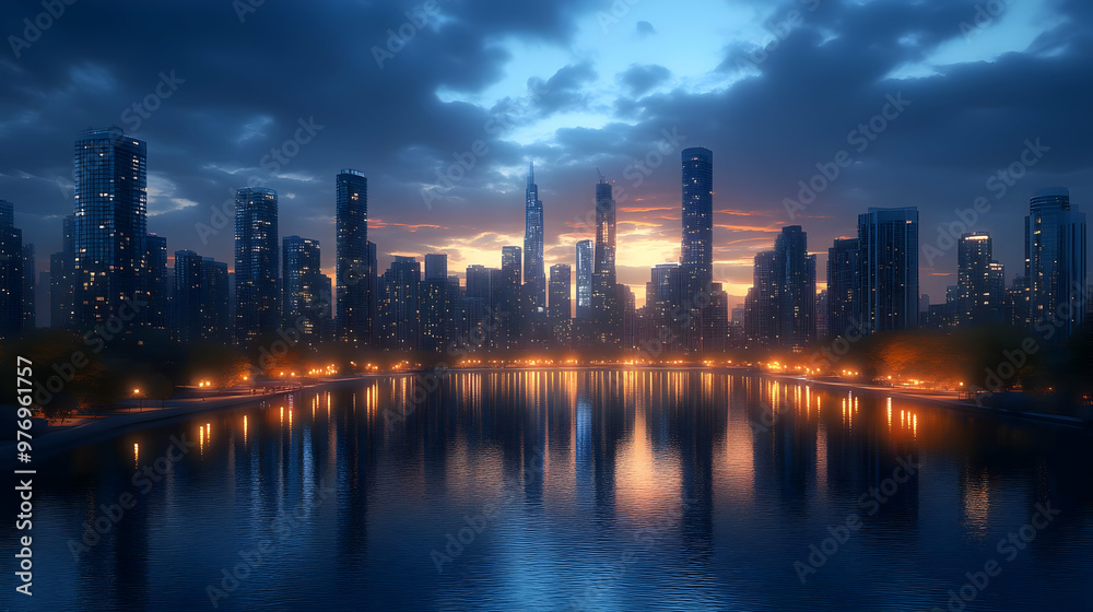 A panoramic view of a modern cityscape with tall skyscrapers at sunset, reflecting in a calm body of water. A panoramic view of a modern cityscape with tall skyscrapers at sunset, reflecting in a calm body of water.