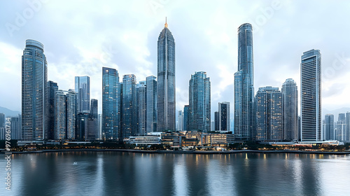 A panoramic view of a modern cityscape with skyscrapers reflecting on a calm body of water. #976961734