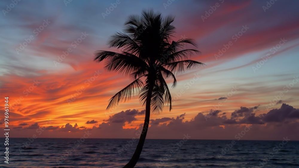 Obraz premium Silhouetted Palm Tree Sunset Beach, A tranquil tropical beach scene at sunset with a palm tree silhouetted against vibrant orange, pink, and blue skies. Calm ocean waves add to the serene atmosphere.