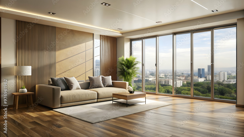 Fototapeta premium Modern interior design of empty living room with beige wall and big panoramic window , apartment, interior, design