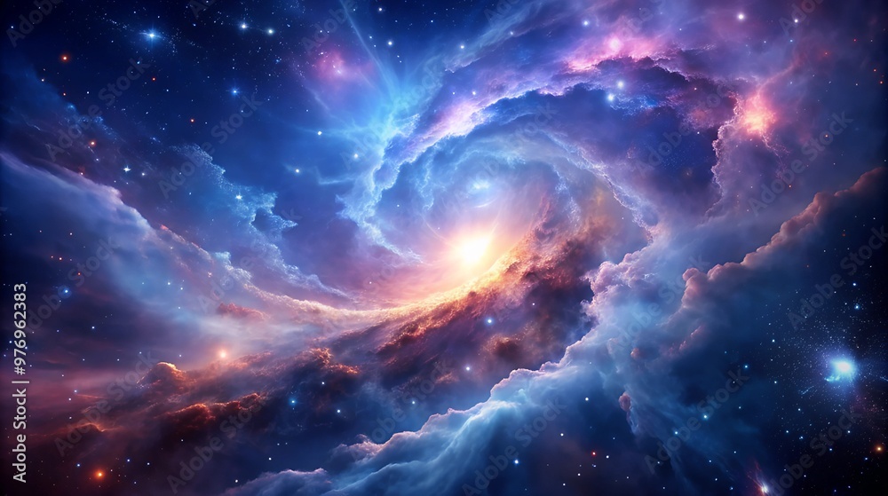 Fototapeta premium A stunning depiction of a vibrant cosmic nebula with swirling clouds of colorful gases and bright stellar light in deep space