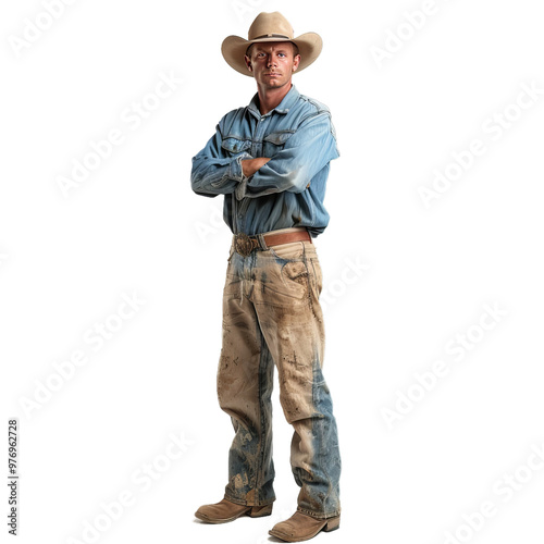 Cowboy with dirty clothes after a hard day of work is standing with his arms crossed