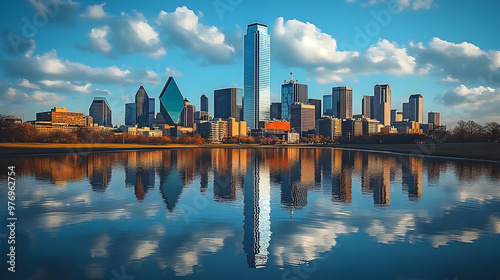 A panoramic view of the Dallas skyline reflecting in a tranquil lake, with blue skies and fluffy clouds.
