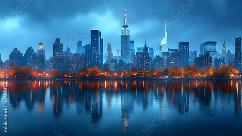 A panoramic view of the New York City skyline at dusk with the reflection of the buildings in the water.