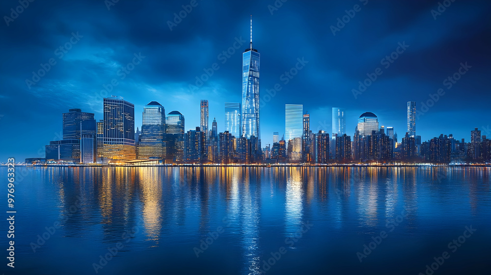 Obraz premium A panoramic view of the New York City skyline at dusk, with the Freedom Tower standing tall in the center. The city lights reflect in the calm waters of the harbor, creating a mesmerizing scene.