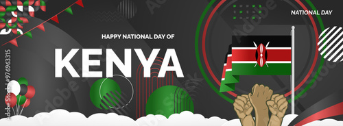 Kenya National Day background with raised hand and abstract shapes in flag colors, black, red and green. Templates design for Kenya Madaraka day or Jamhuri day greeting card and sport events