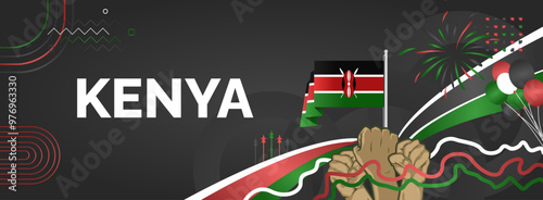 Kenya National Day background with raised hand and abstract shapes in flag colors, black, red and green. Templates design for Kenya Madaraka day or Jamhuri day greeting card and sport events