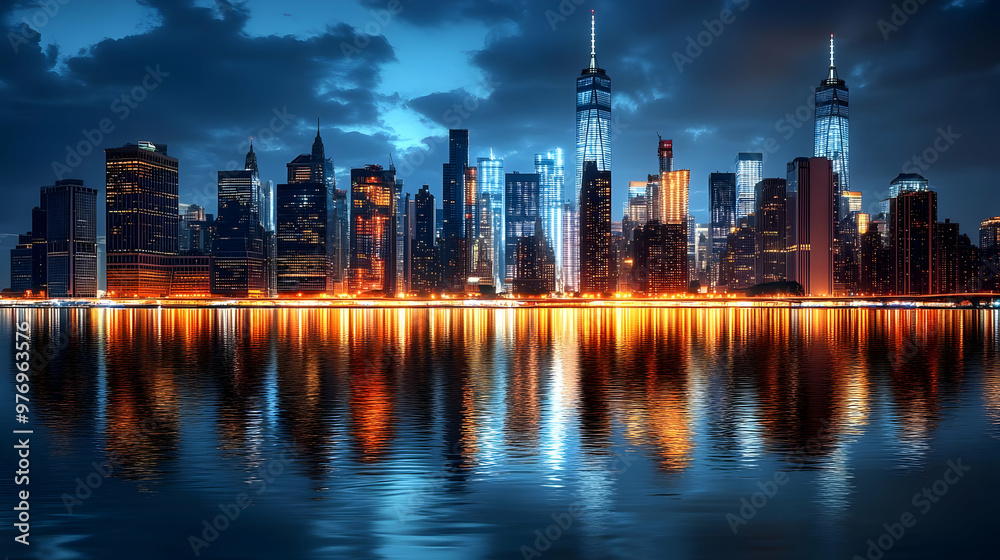 Fototapeta premium A panoramic view of the New York City skyline at night, with the city lights reflected in the water.