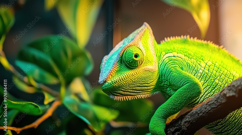 Fototapeta premium Green Chameleon Lizard Reptile Close Up Portrait Animal Wildlife Nature