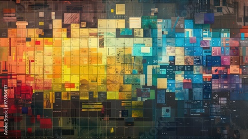 Artistic representation of the periodic table with color-coded sections for different element types, such as transition metals and noble gases