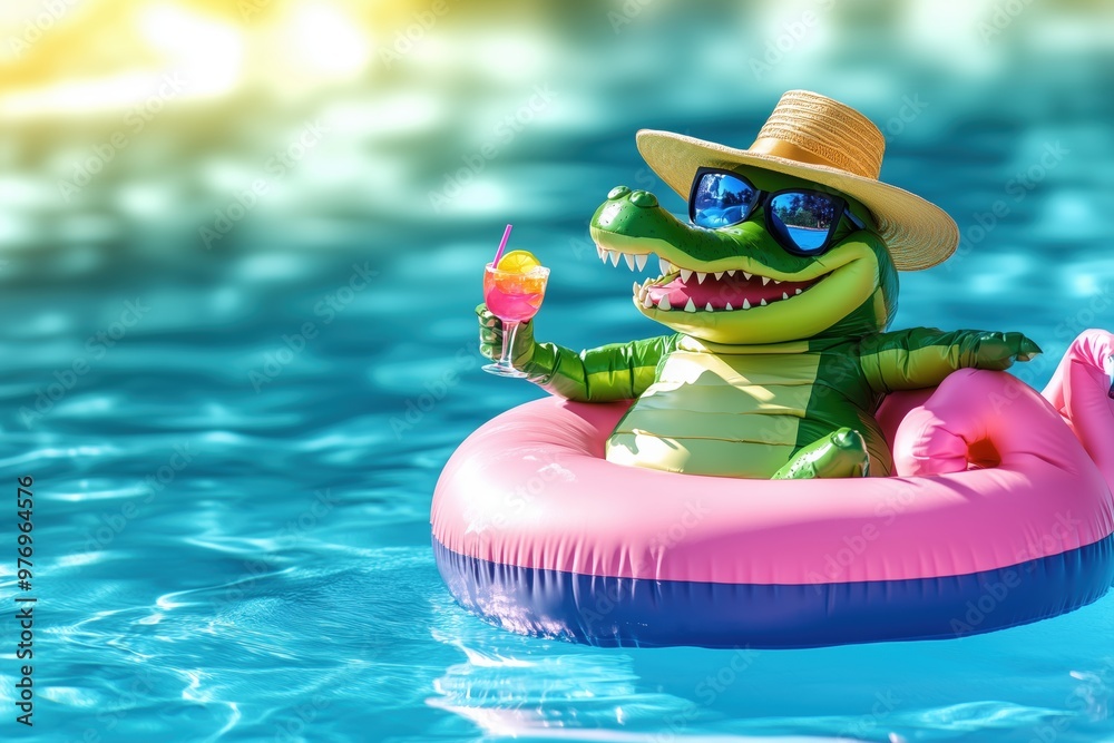 Fototapeta premium Lazy crocodile with sunglasses and straw hat on a flamingo – comic illustration